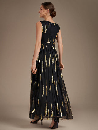 Sequin Draped Sleeveless Maxi Evening Dress