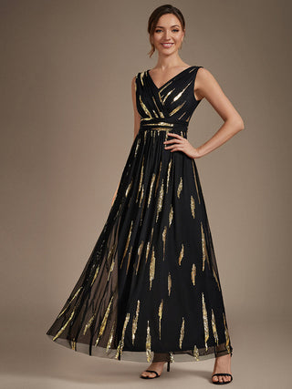 Sequin Draped Sleeveless Maxi Evening Dress