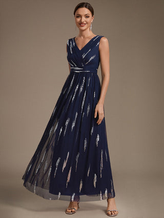 Sequin Draped Sleeveless Maxi Evening Dress