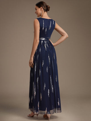 Sequin Draped Sleeveless Maxi Evening Dress