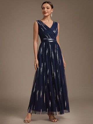Sequin Draped Sleeveless Maxi Evening Dress