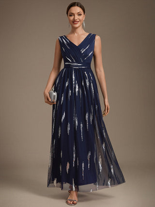 Sequin Draped Sleeveless Maxi Evening Dress