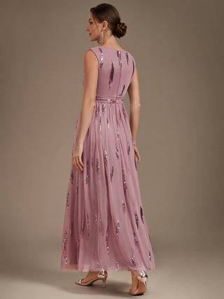 Sequin Draped Sleeveless Maxi Evening Dress