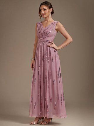 Sequin Draped Sleeveless Maxi Evening Dress
