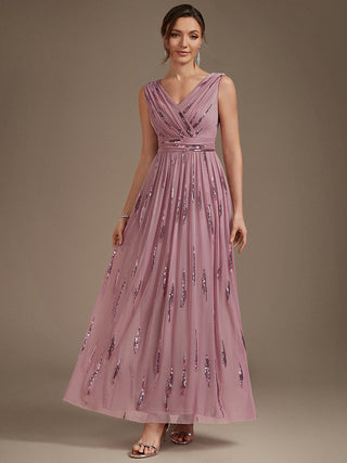 Sequin Draped Sleeveless Maxi Evening Dress