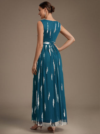 Sequin Draped Sleeveless Maxi Evening Dress