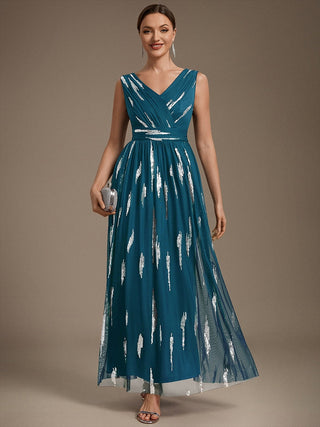 Sequin Draped Sleeveless Maxi Evening Dress