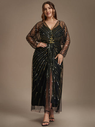 Long Sleeve Sheath V-Neck High Stretch Maxi Evening Dresses with Slit & Beading