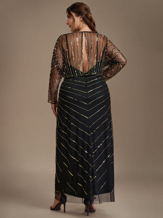 Long Sleeve Sheath V-Neck High Stretch Maxi Evening Dresses with Slit & Beading