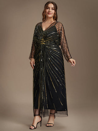 Long Sleeve Sheath V-Neck High Stretch Maxi Evening Dresses with Slit & Beading