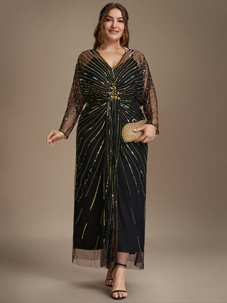 Long Sleeve Sheath V-Neck High Stretch Maxi Evening Dresses with Slit & Beading