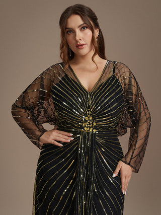Long Sleeve Sheath V-Neck High Stretch Maxi Evening Dresses with Slit & Beading