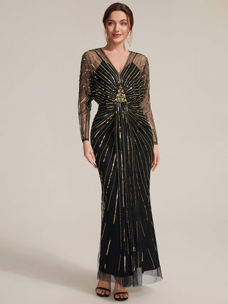 Long Sleeve Sheath V-Neck High Stretch Maxi Evening Dresses with Slit & Beading