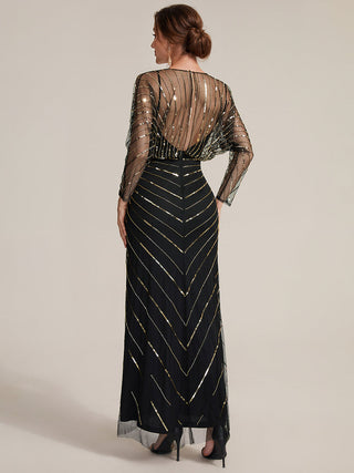 Long Sleeve Sheath V-Neck High Stretch Maxi Evening Dresses with Slit & Beading