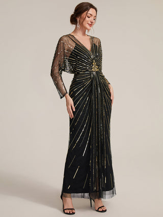 Long Sleeve Sheath V-Neck High Stretch Maxi Evening Dresses with Slit & Beading