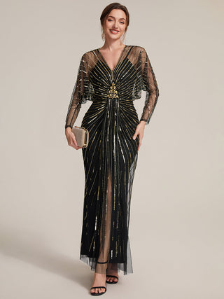 Long Sleeve Sheath V-Neck High Stretch Maxi Evening Dresses with Slit & Beading