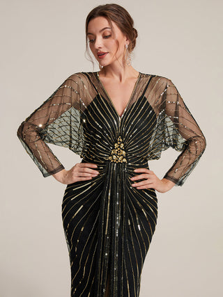 Long Sleeve Sheath V-Neck High Stretch Maxi Evening Dresses with Slit & Beading