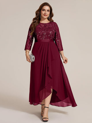 Three-Quarter Sleeve Ruffled Asymmetrical High-Low Evening Dresses