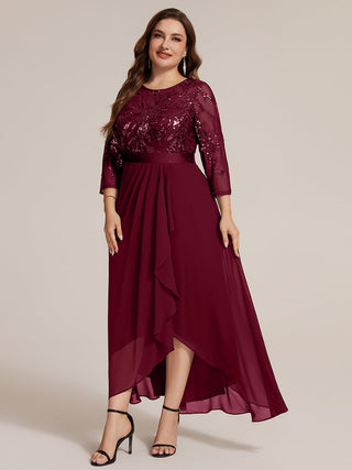 Three-Quarter Sleeve Ruffled Asymmetrical High-Low Evening Dresses