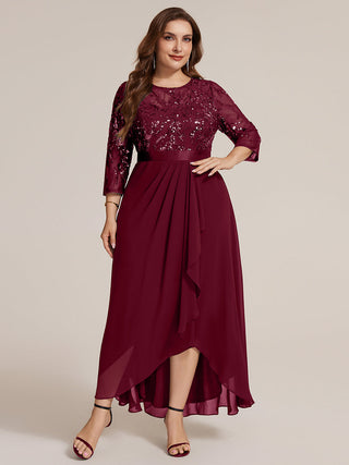 Three-Quarter Sleeve Ruffled Asymmetrical High-Low Evening Dresses