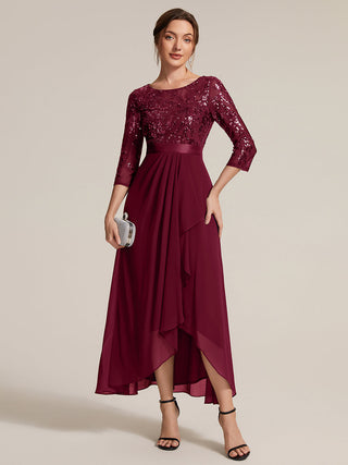 Three-Quarter Sleeve Ruffled Asymmetrical High-Low Evening Dresses
