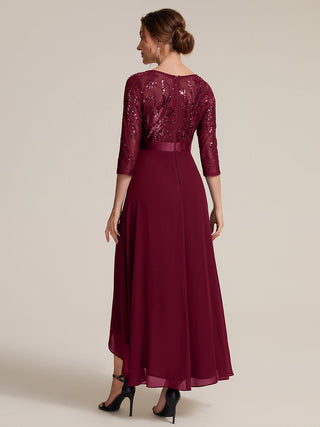 Three-Quarter Sleeve Ruffled Asymmetrical High-Low Evening Dresses
