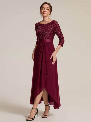 Three-Quarter Sleeve Ruffled Asymmetrical High-Low Evening Dresses