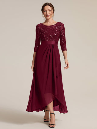 Three-Quarter Sleeve Ruffled Asymmetrical High-Low Evening Dresses