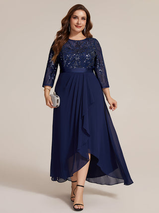 Three-Quarter Sleeve Ruffled Asymmetrical High-Low Evening Dresses