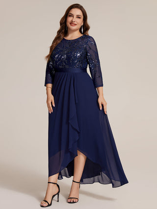 Three-Quarter Sleeve Ruffled Asymmetrical High-Low Evening Dresses