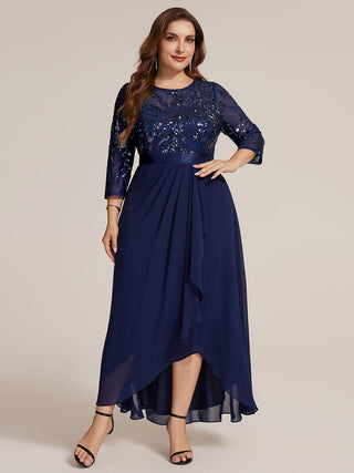 Three-Quarter Sleeve Ruffled Asymmetrical High-Low Evening Dresses