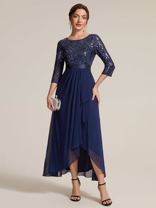 Three-Quarter Sleeve Ruffled Asymmetrical High-Low Evening Dresses