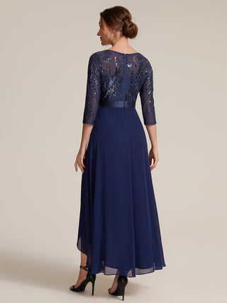 Three-Quarter Sleeve Ruffled Asymmetrical High-Low Evening Dresses
