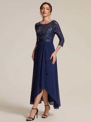 Three-Quarter Sleeve Ruffled Asymmetrical High-Low Evening Dresses