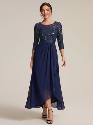 Three-Quarter Sleeve Ruffled Asymmetrical High-Low Evening Dresses