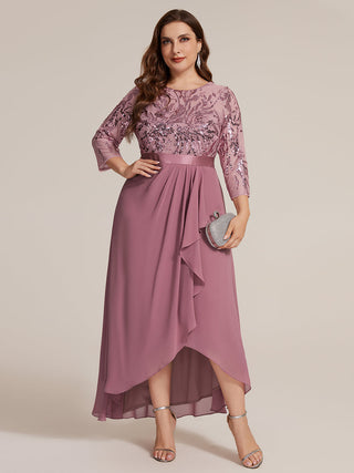 Three-Quarter Sleeve Ruffled Asymmetrical High-Low Evening Dresses