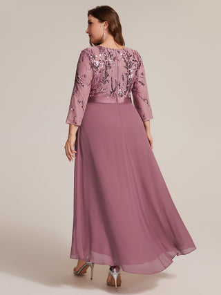 Three-Quarter Sleeve Ruffled Asymmetrical High-Low Evening Dresses
