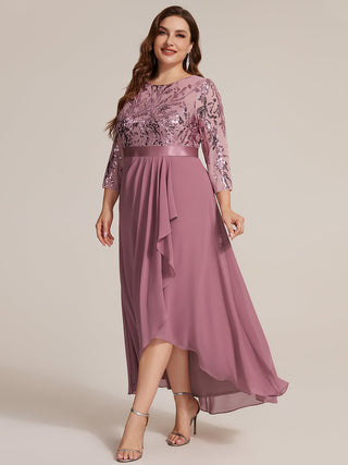 Three-Quarter Sleeve Ruffled Asymmetrical High-Low Evening Dresses