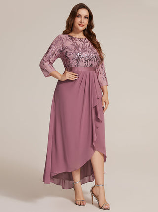 Three-Quarter Sleeve Ruffled Asymmetrical High-Low Evening Dresses
