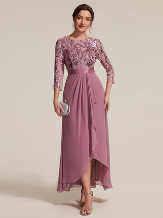Three-Quarter Sleeve Ruffled Asymmetrical High-Low Evening Dresses