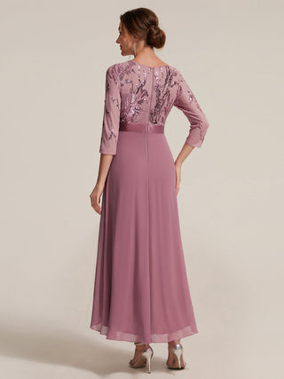 Three-Quarter Sleeve Ruffled Asymmetrical High-Low Evening Dresses