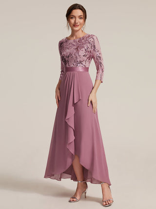Three-Quarter Sleeve Ruffled Asymmetrical High-Low Evening Dresses