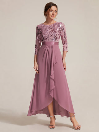 Three-Quarter Sleeve Ruffled Asymmetrical High-Low Evening Dresses