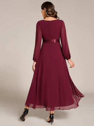 Classical Lantern Sleeve Pleated Decoration Chiffon Evening Dress with Asymmetrical Hem (New SKU EE09897)