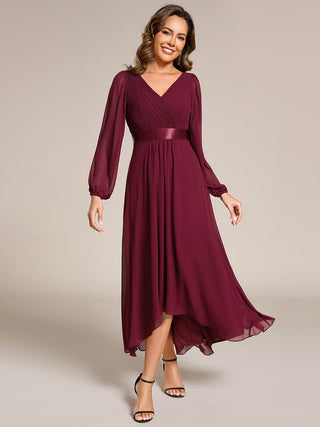 Classical Lantern Sleeve Pleated Decoration Chiffon Evening Dress with Asymmetrical Hem (New SKU EE09897)