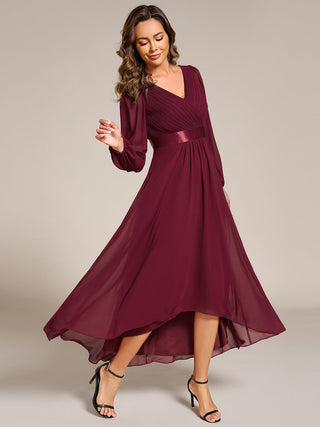 Classical Lantern Sleeve Pleated Decoration Chiffon Evening Dress with Asymmetrical Hem (New SKU EE09897)