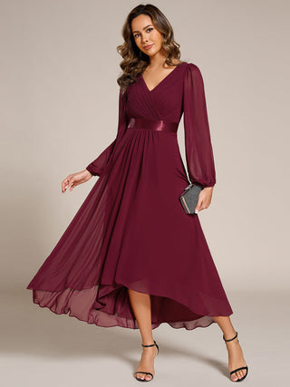 Classical Lantern Sleeve Pleated Decoration Chiffon Evening Dress with Asymmetrical Hem (New SKU EE09897)