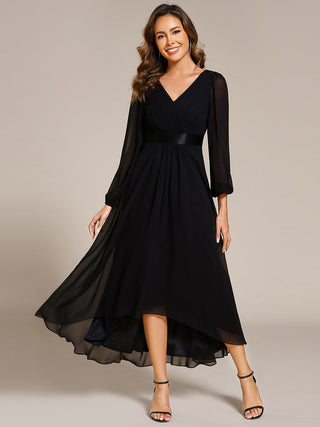 Classical Lantern Sleeve Pleated Decoration Chiffon Evening Dress with Asymmetrical Hem (New SKU EE09897)