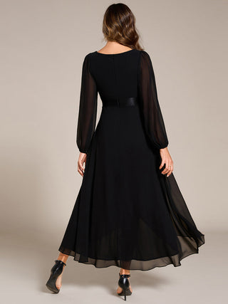 Classical Lantern Sleeve Pleated Decoration Chiffon Evening Dress with Asymmetrical Hem (New SKU EE09897)