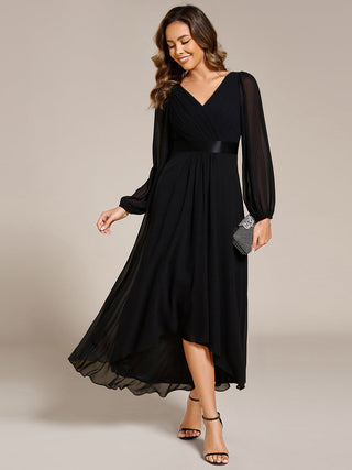 Classical Lantern Sleeve Pleated Decoration Chiffon Evening Dress with Asymmetrical Hem (New SKU EE09897)